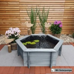Promadino Sechseck-Hochteich Ø 100 Cm Inkl. Solarpumpe Grau Aus Kiefernholz -Günstiges Heissner Geschäft 4012379060512 4401 01