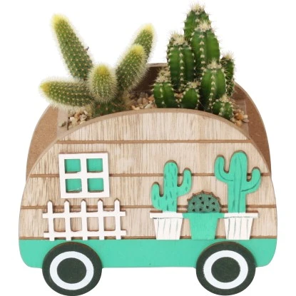 Kaktus-Arrangement Im Holz-Campingwagen Topf-Ø Ca. 15 Cm 3 Kaktus-Arrangement Im Holz-Campingwagen Topf-Ø Ca. 15 Cm